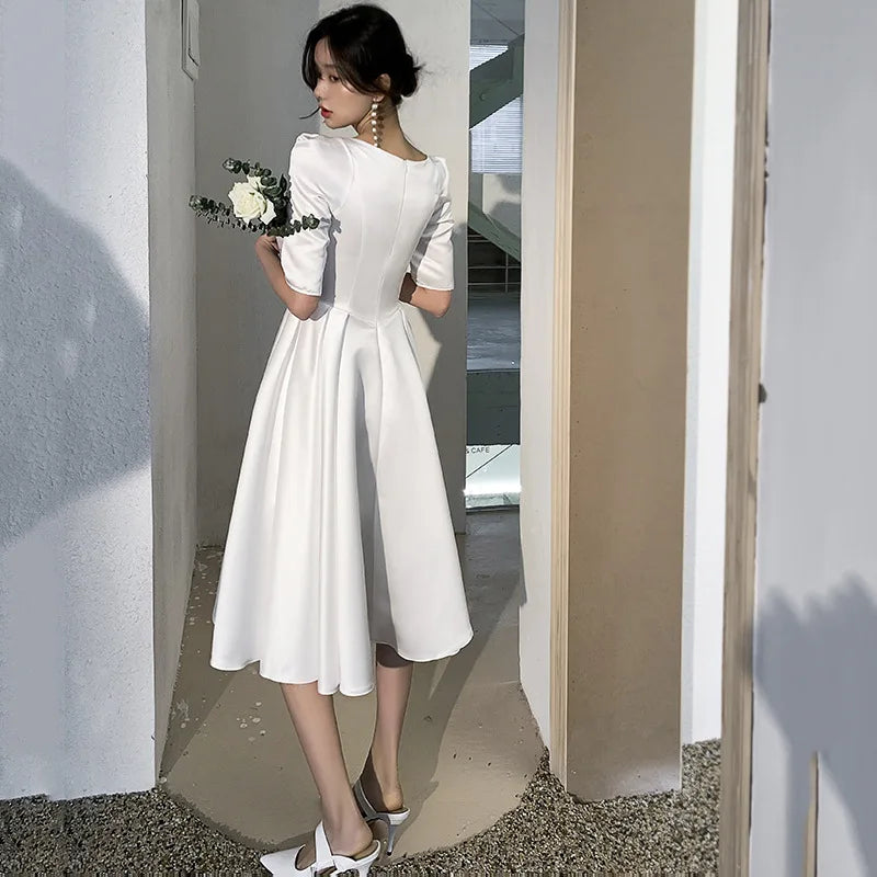 Vestidos de fiesta de noche de satén blanco para mujer, vestido acampanado con cuello cuadrado de verano, fotos de boda elegantes, vestidos formales de fiesta