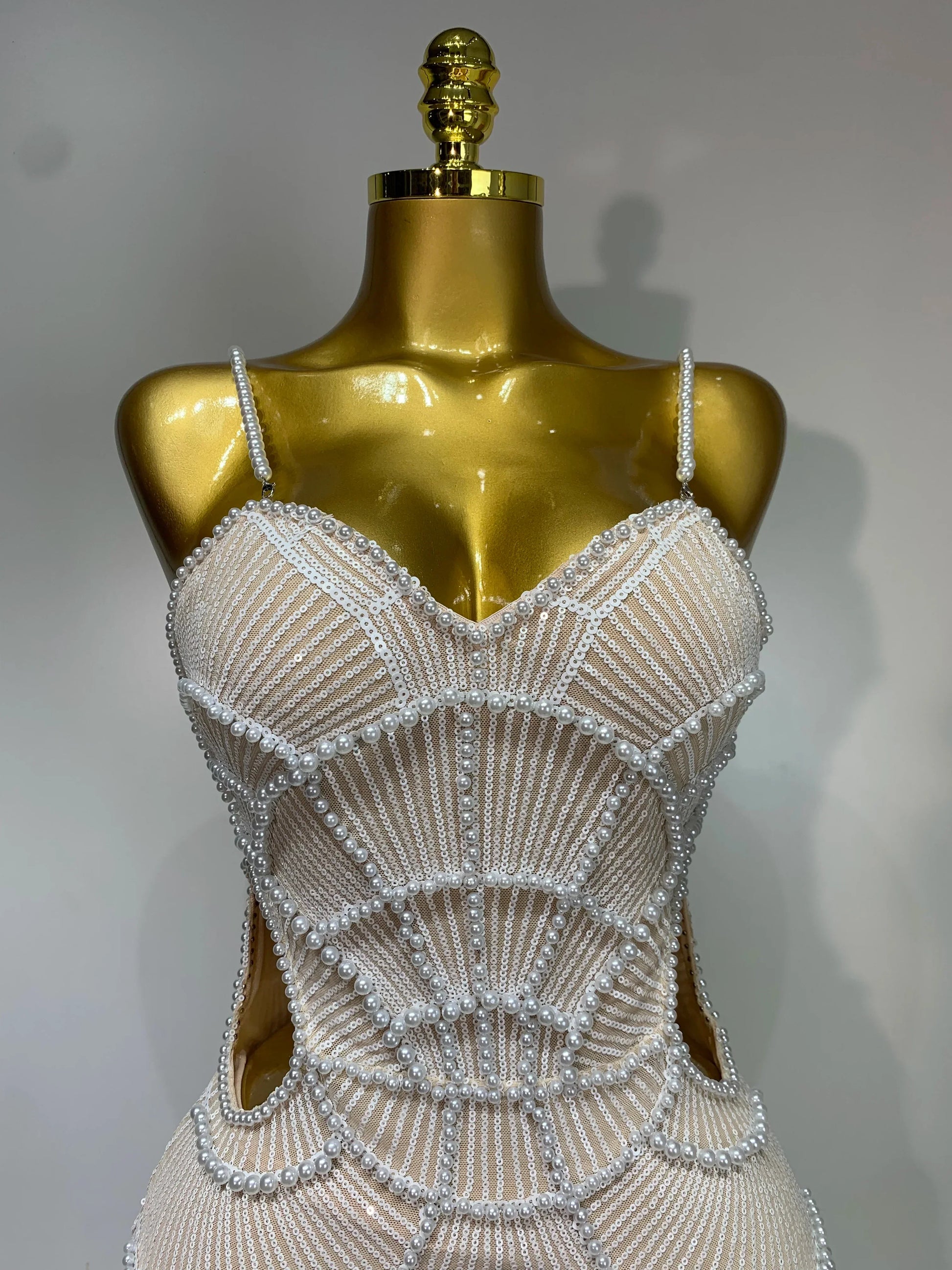 Women Sexy V Neck Pearl Beading Cut Out Maxi Long Bodycon Prom Gowns Dress Luxury Birthday Elegant Evening Party Club Dress