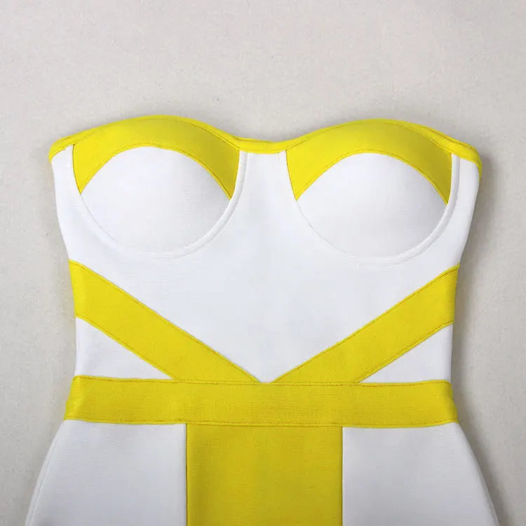 Sexy Women'S Yellow Striped Patchwork White Bandage Dress Strapless Sleeveless Backless Bodycon Mini Dresses Party Vestidos