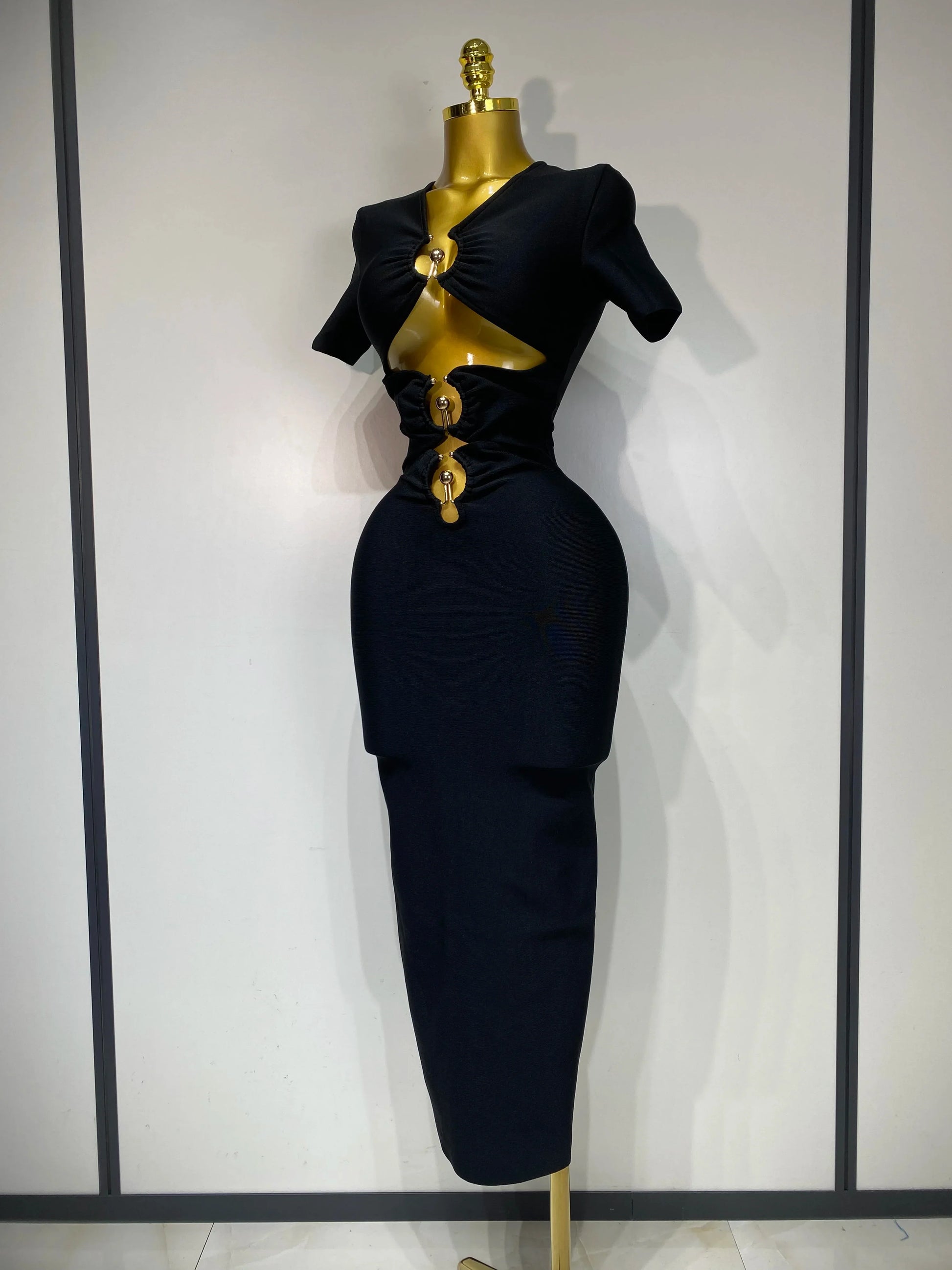 Women Sexy Cut Out Short Sleeve Bodycon Long Dress Party Evening Celebrate Birthday Black Bandage Knitted Club Prom Gown