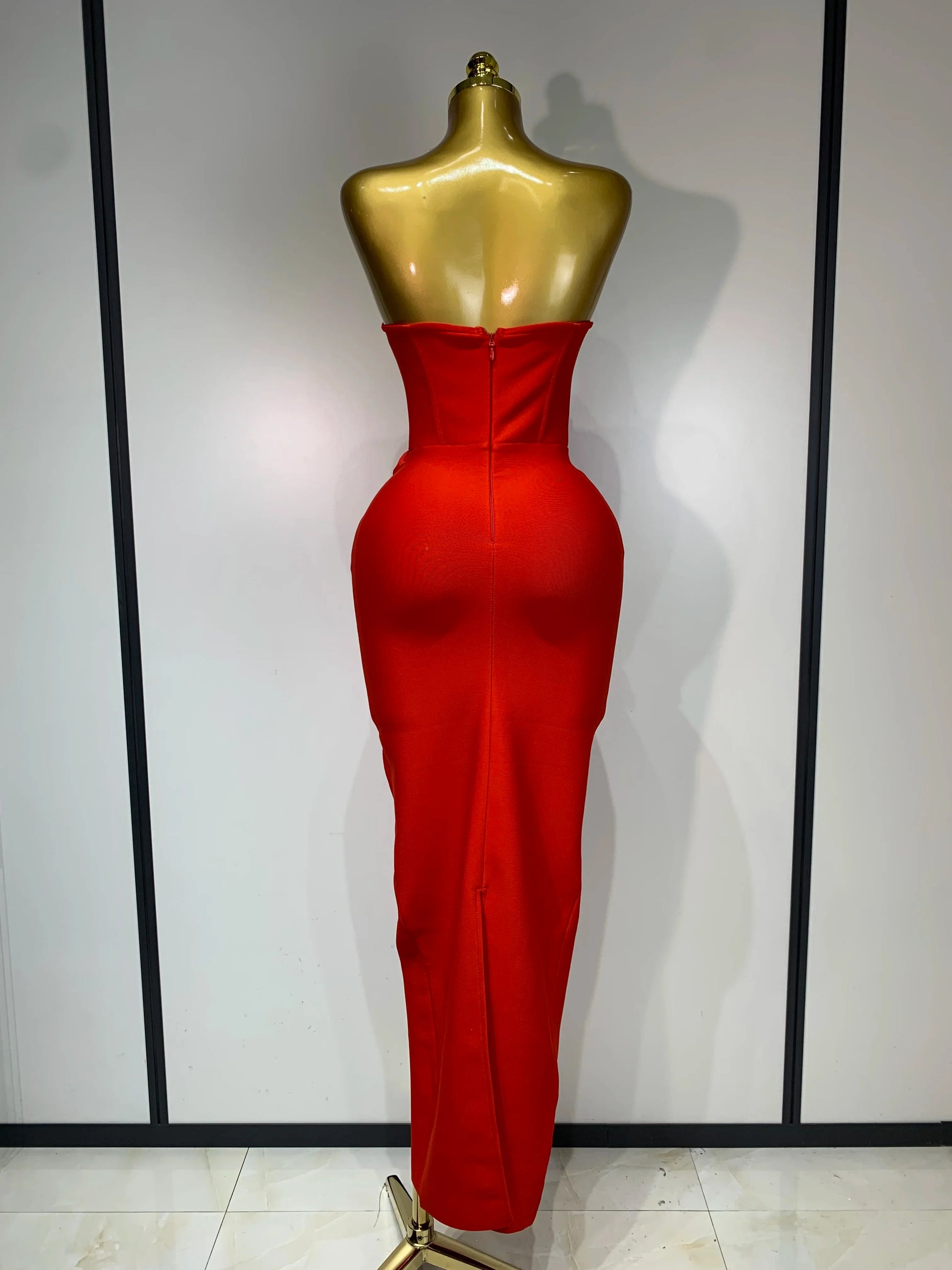 Newest Women Sexy Strapless Backless Red Flower Midi Bandage Dress Celebirty Elegant Evening Club Party Birthday Dresses