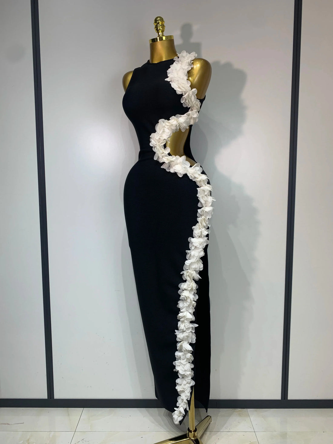 Women Sexy O Neck Flower Cut Out Maxi Long Bodycon Bandage Dress Celebrity Elegant Evening Club Party Birthday Dress black