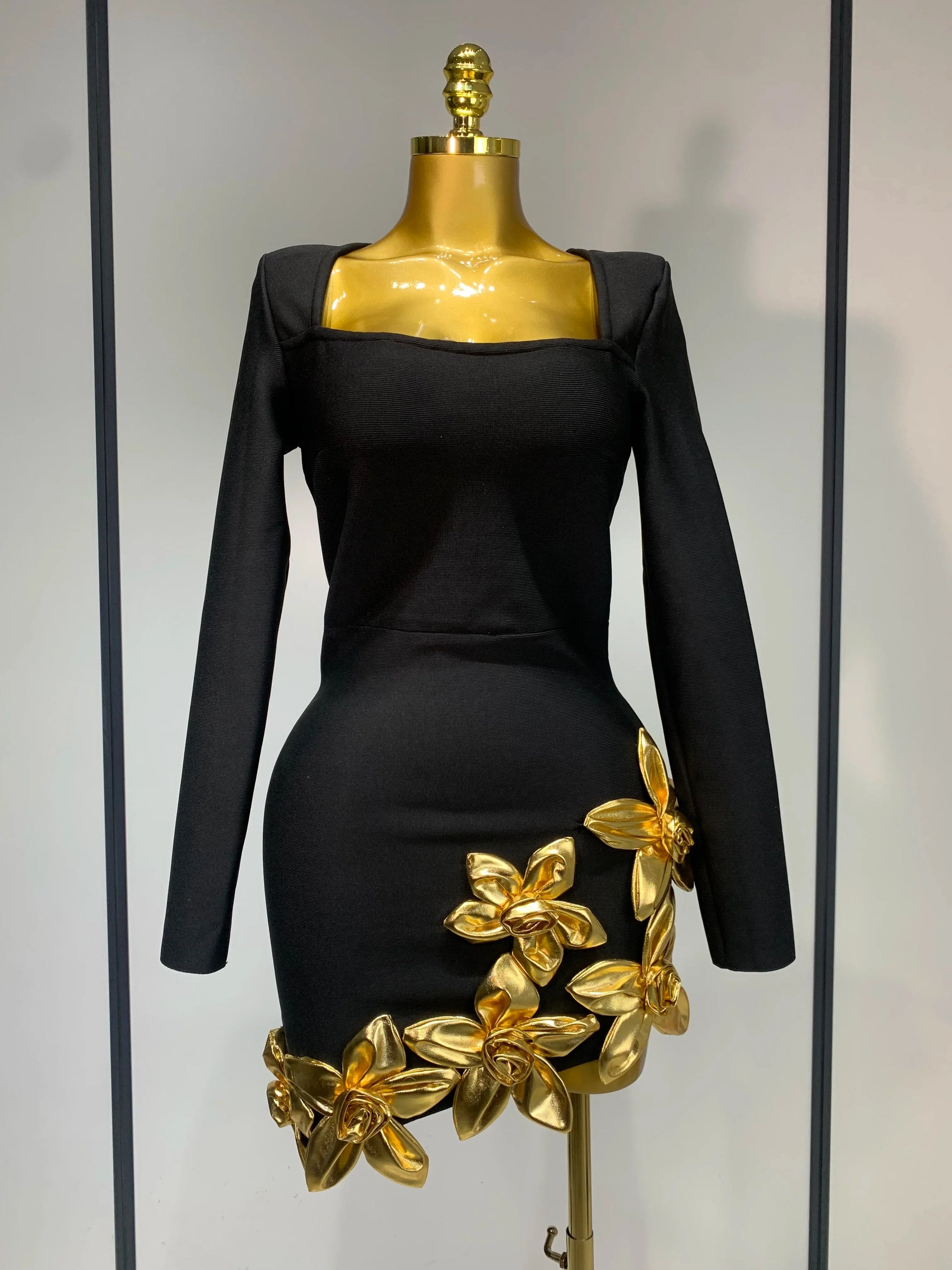 Women Long Sleeve Sexy Square Collar Gold Flower Bodycon Mini Bandage Dress Celebirty Elegant Nightclub Luxury Birthday Dresses black