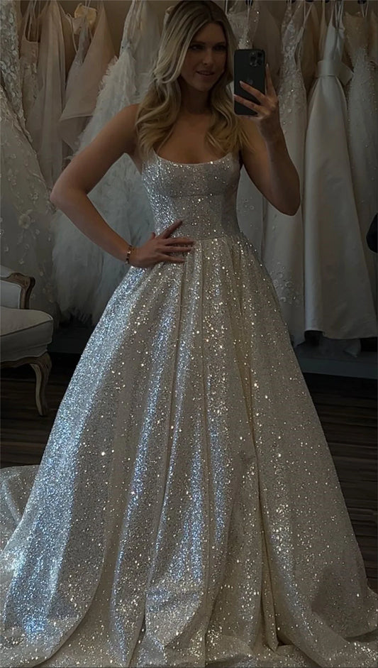 Shiny Wedding Dresses Boho Sweetheart Sequin Spaghetti Strap A-Line Princess Wedding Bridal Gown suknia slubna