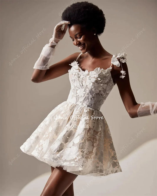 Apliques vestidos de novia cortos tirantes espagueti flores 3D batas Mariée una línea corsé espalda de talla grande свадебное платье