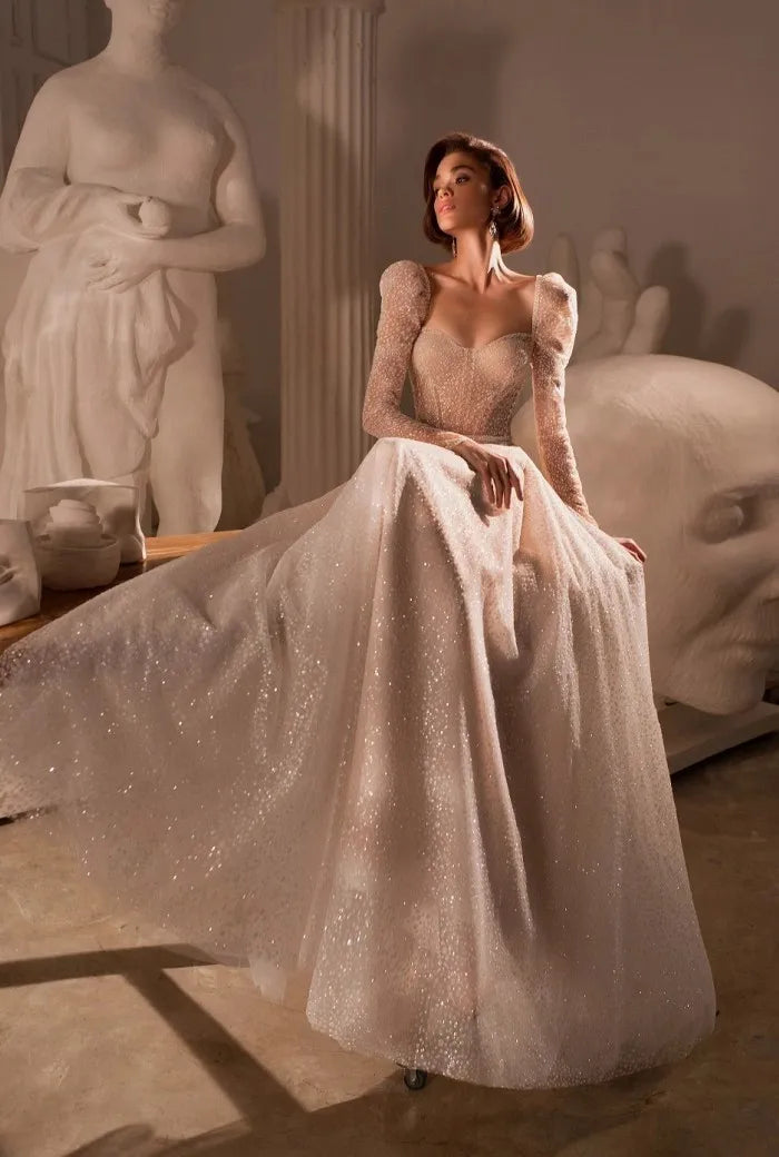 Shiny Sweetheart Princess Wedding Dresses Long Sleeve Glitter Tulle Boho Bride dresses Vestidos de novia 2022