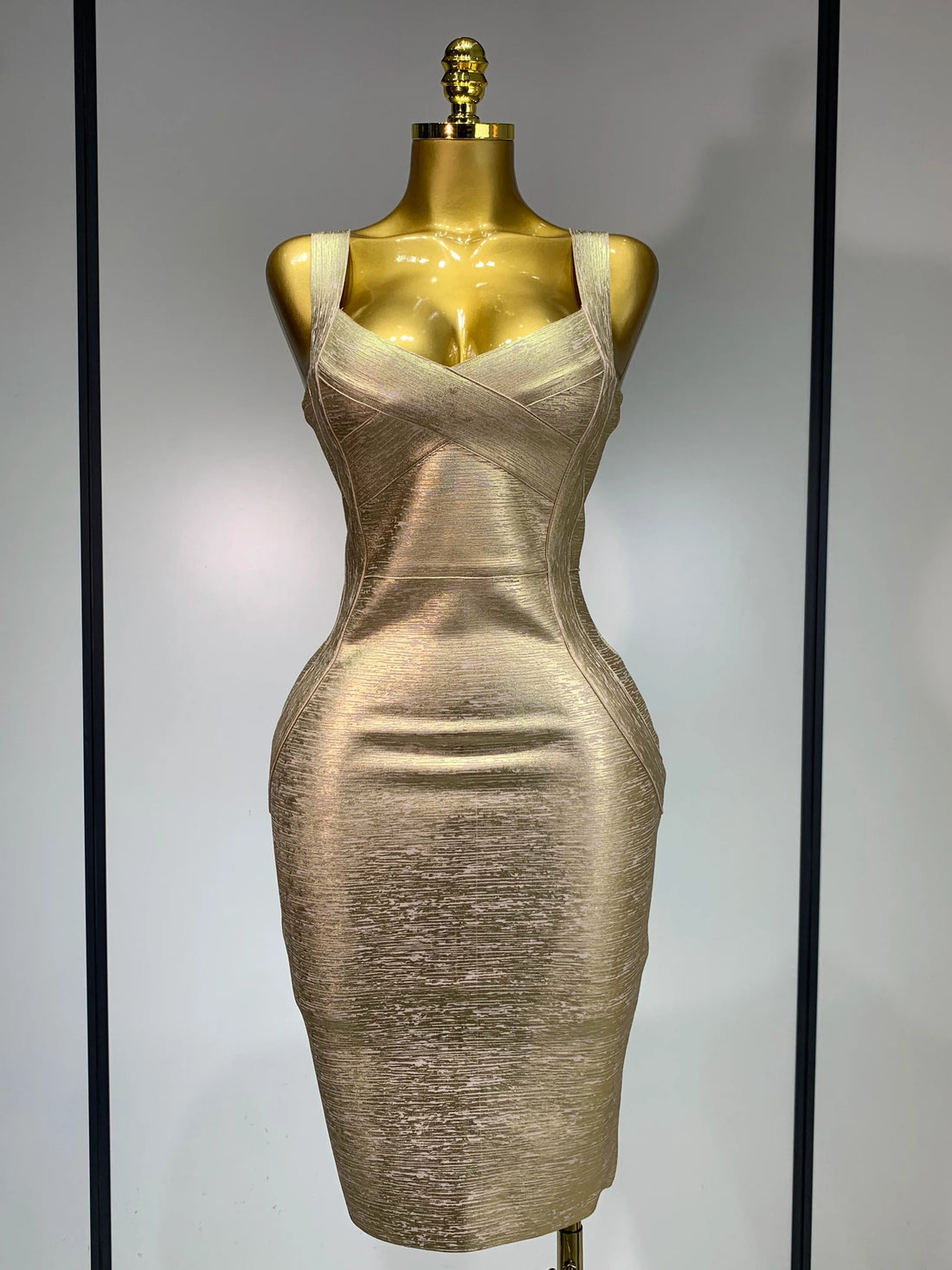 Women Sexy V Neck Bronzing Gold Midi Bodycon Bandage Dress Celebrity Elegant Evening Club Party Luxury Birthday Dress Gold