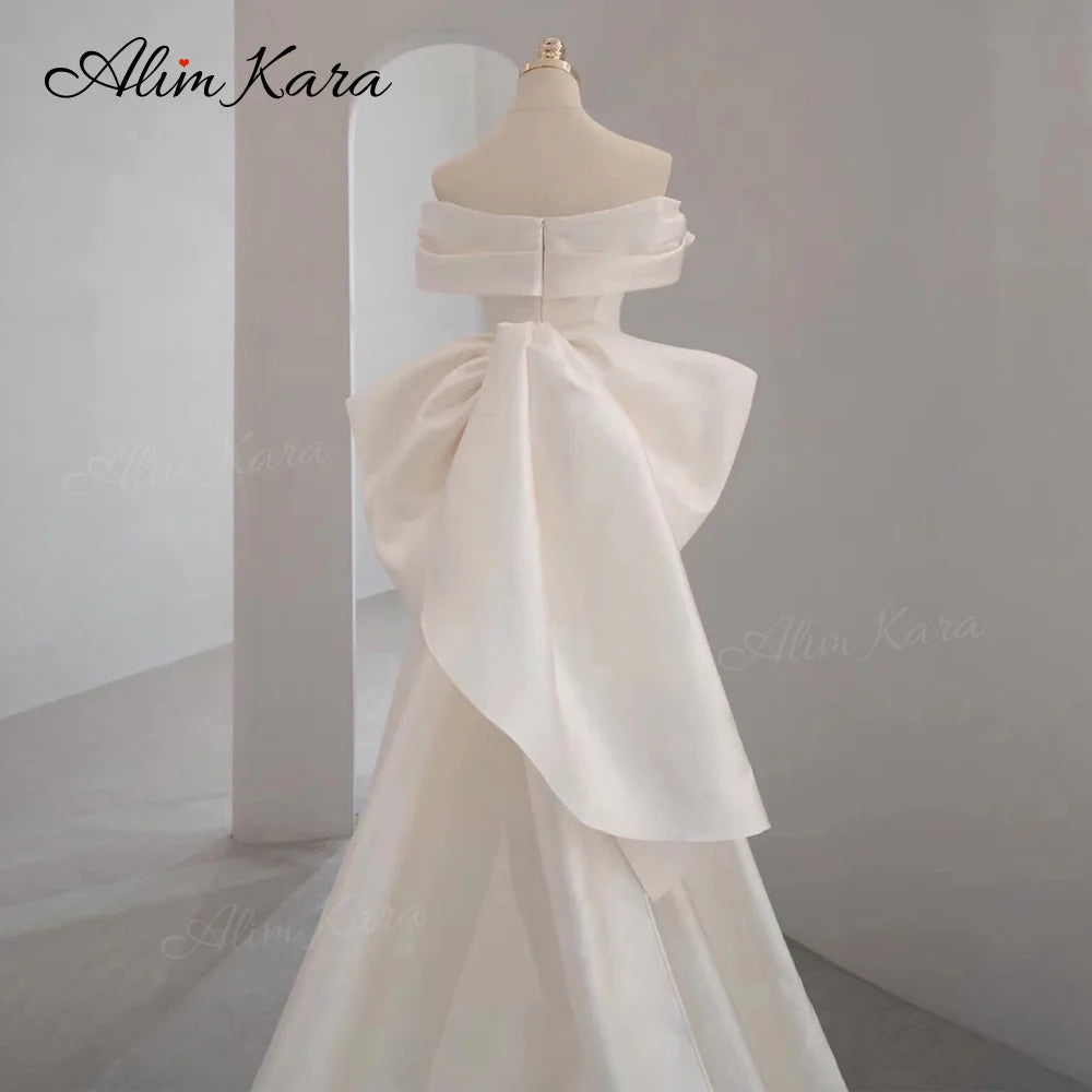 Pakaian perkahwinan duyung bahu Satin bergaya 2 dalam 1 bow kereta api pengantin gaun puteri b382 custom vestido de novia