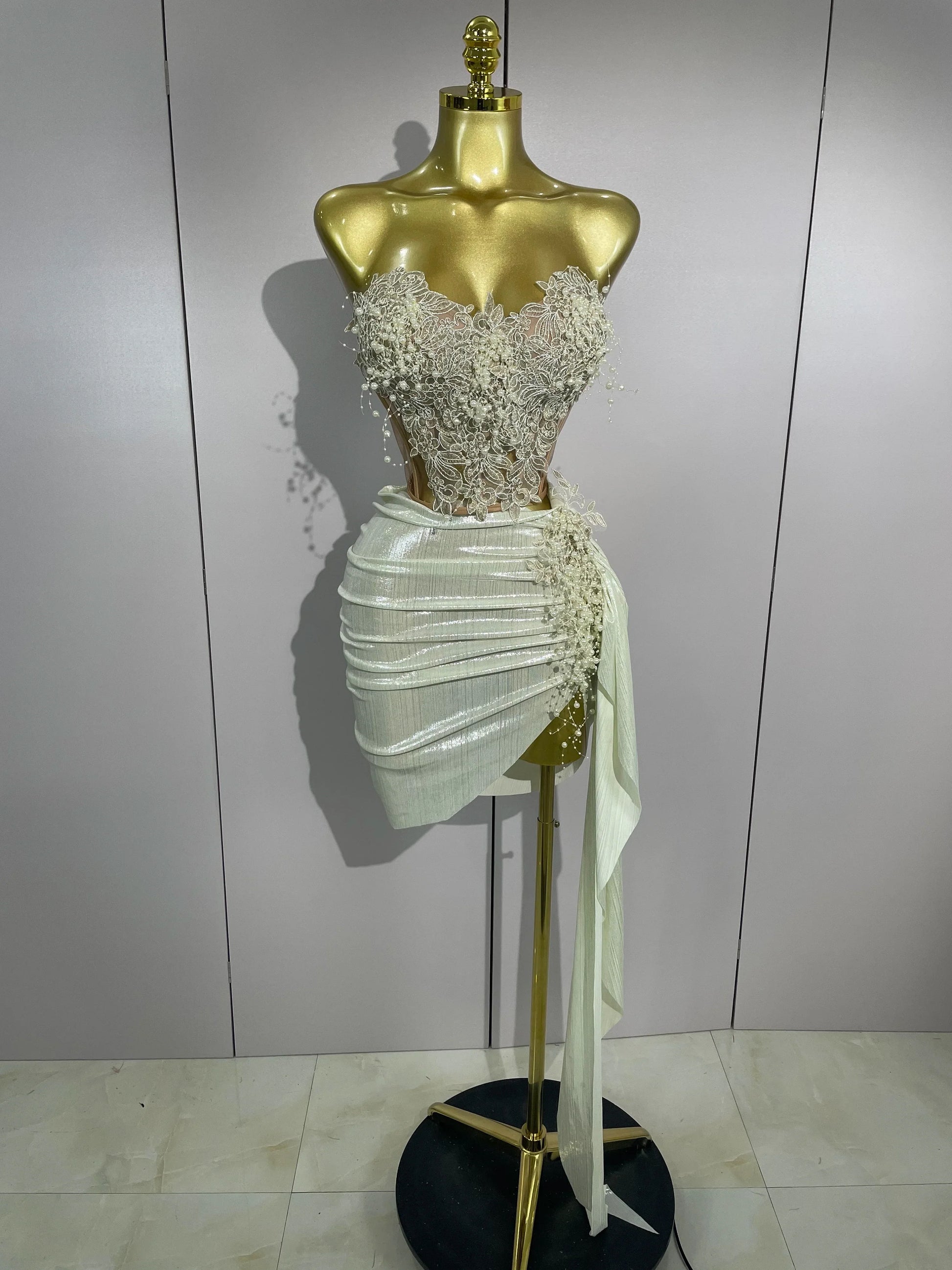 Luxury Shining Pearls Sexy Asymmetrical Skirt 2 PCS Set Women Evening Birthday Party Stage Dancer Performance Costume Beige