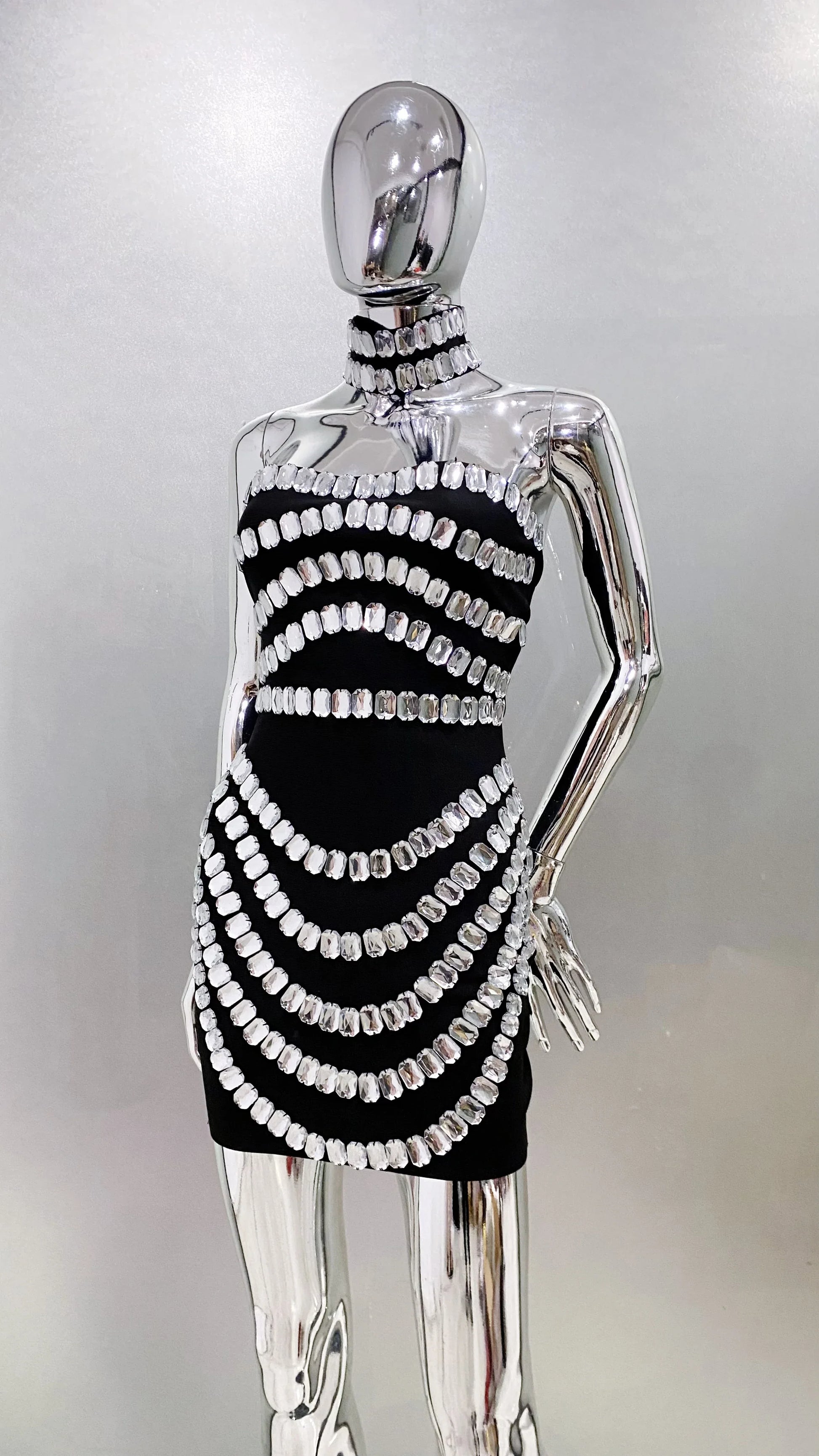 Stylish Necklace Shining Diamonds Strapless Black Bandage Mini Dress Fashion Woman Party Vestido Celebrity Birthday Outfit