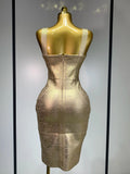 Women Sexy V Neck Bronzing Gold Midi Bodycon Bandage Dress Celebrity Elegant Evening Club Party Luxury Birthday Dress