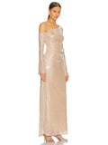Sexy Women's 3D Flower Shining Glitter Maxi Dress with Diagonal Collar Long Sleeve Bodycon Long Dress Evening Club Vestidos