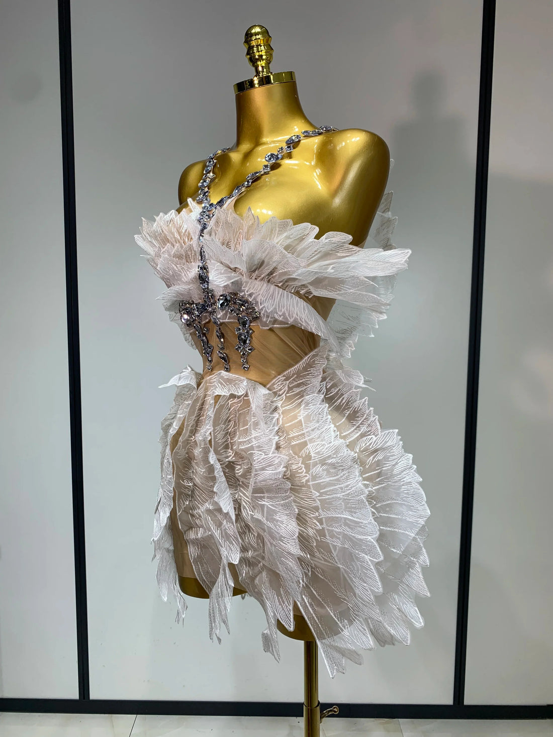 Luxury Birthday Dress Women Sexy White Crystal Transparent Wings Mini Dress Nightclub Evening Party Singer Stage Perform Costume WHITE