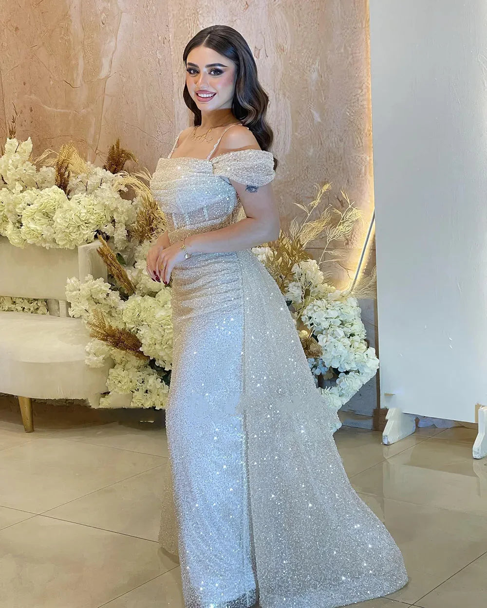 Shiny Sequins Off Shoulder Mermaid Wedding Dress Spaghetti Strap Custom Dresses Detachable Train vestido feminino