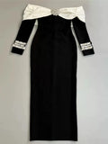 Sexy Off The Shoulder Luxury Diamonds White Patchwork Black Long Bandage Dress Elegant Woman Party Dress Wedding Party Vestido