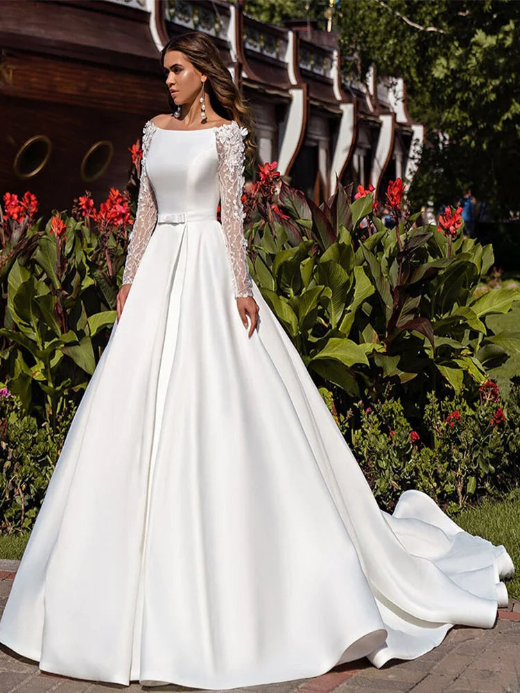 Langarmes Brautkleider Satin Open Rücken A-Line Dubai Hochzeitskleid mit Gürtel Frauen Langes Brautkleid