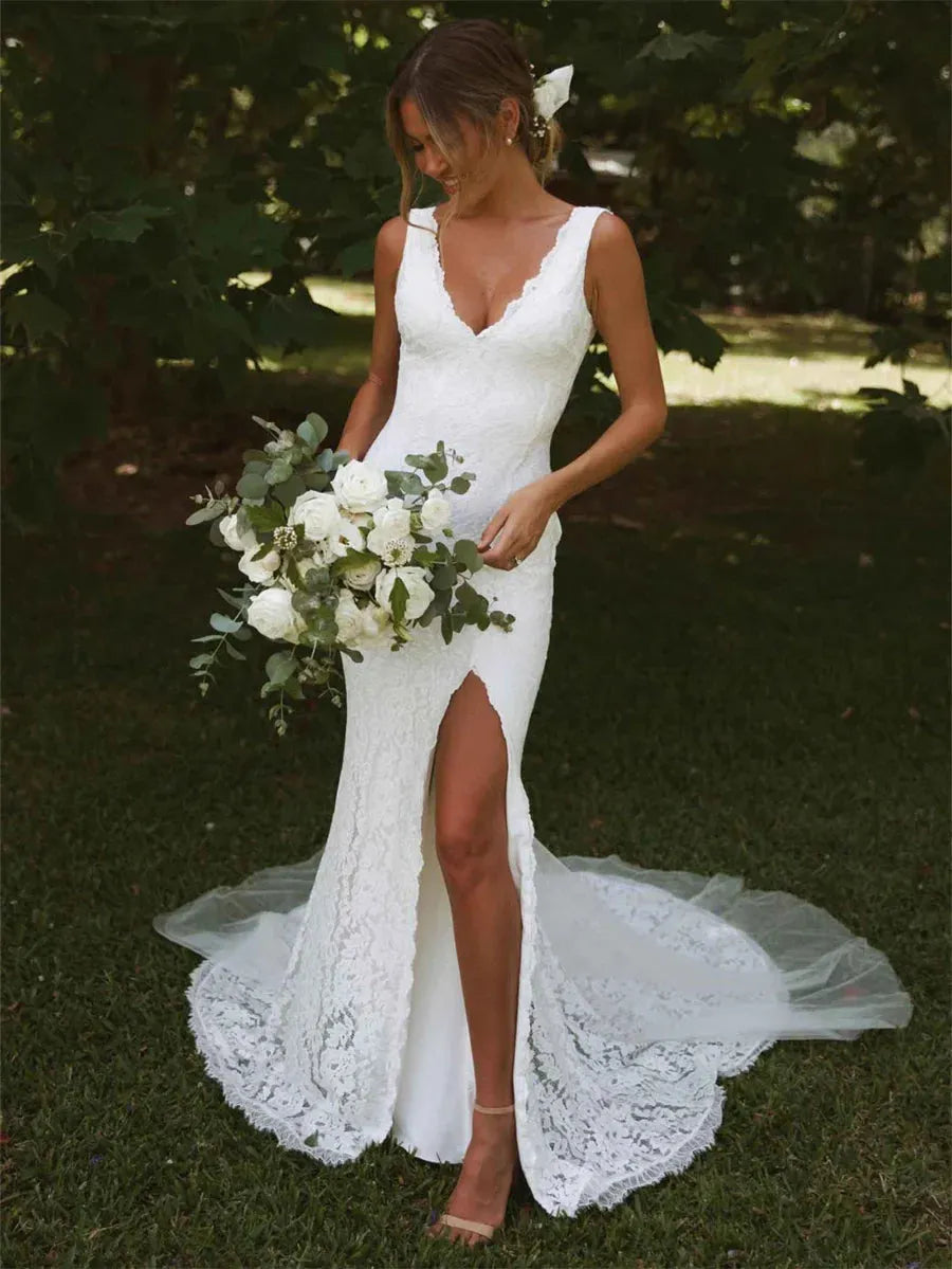 Deep V-Neck Sleeveless Lace Mermaid Wedding Dress Open Back High Side Slit Floor Length Bridal Gown Custom Made Ivory 20w