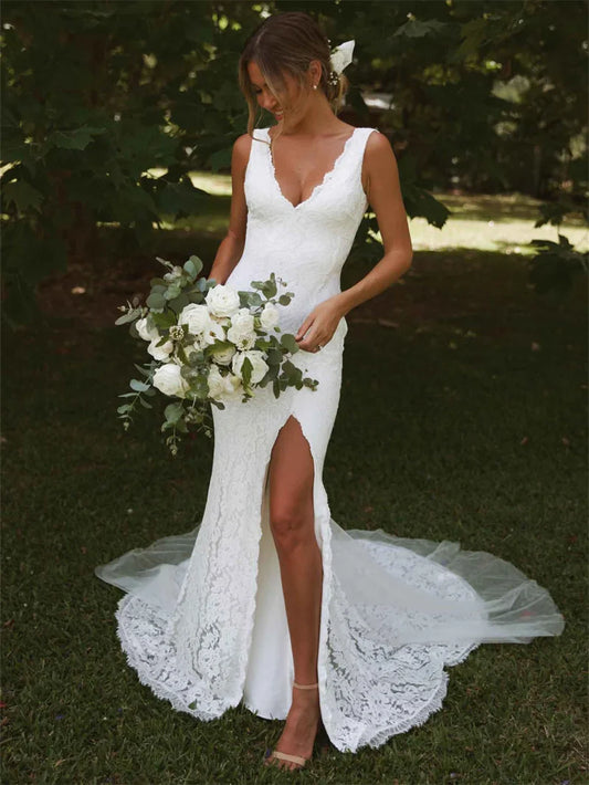 Abito da sposa con sirene a verte con scollo a V profondo Abito da sposa a fessura laterale Abito da sposa personalizzato su misura.