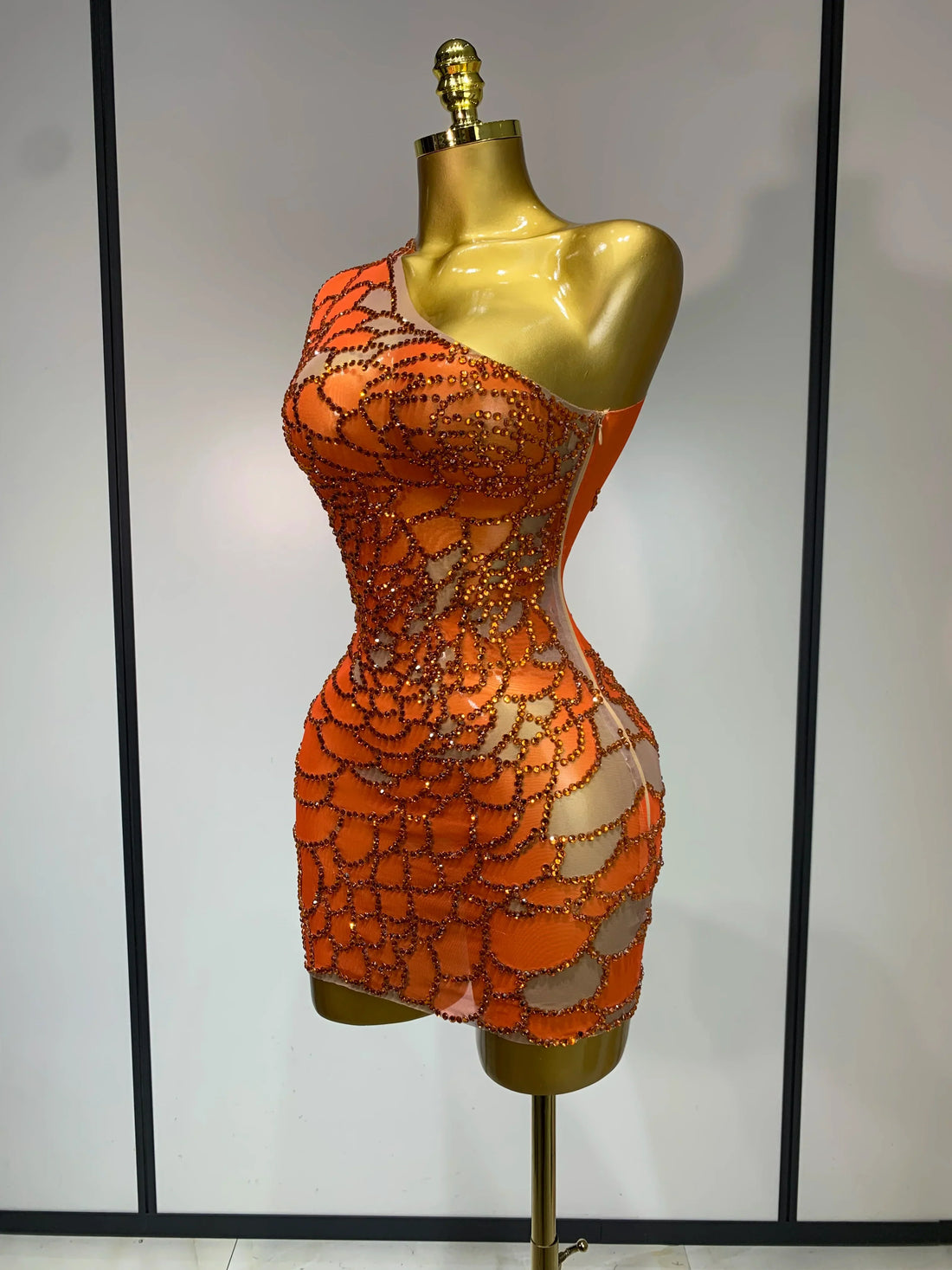 Women Sexy Mesh See Through One Shoulder Rhinestones Stage Costume Singer Nightclub Evening Party Luxury Birthday Mini Dresses Orange