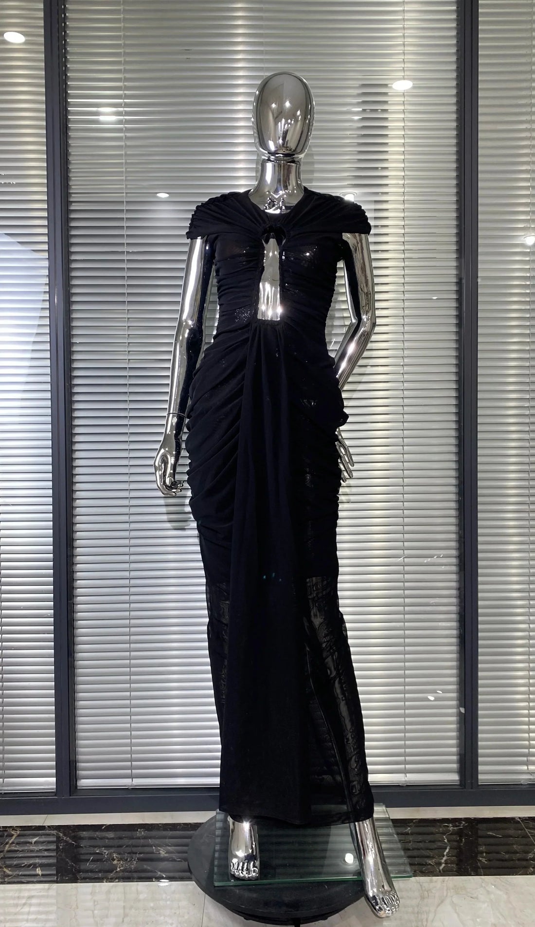 Sexy Hollow Out SeeThrough Mesh Ankle Leng Evening Dress Fashion Woman Birthday Party Vestido Celebrity Evening Party Outfit