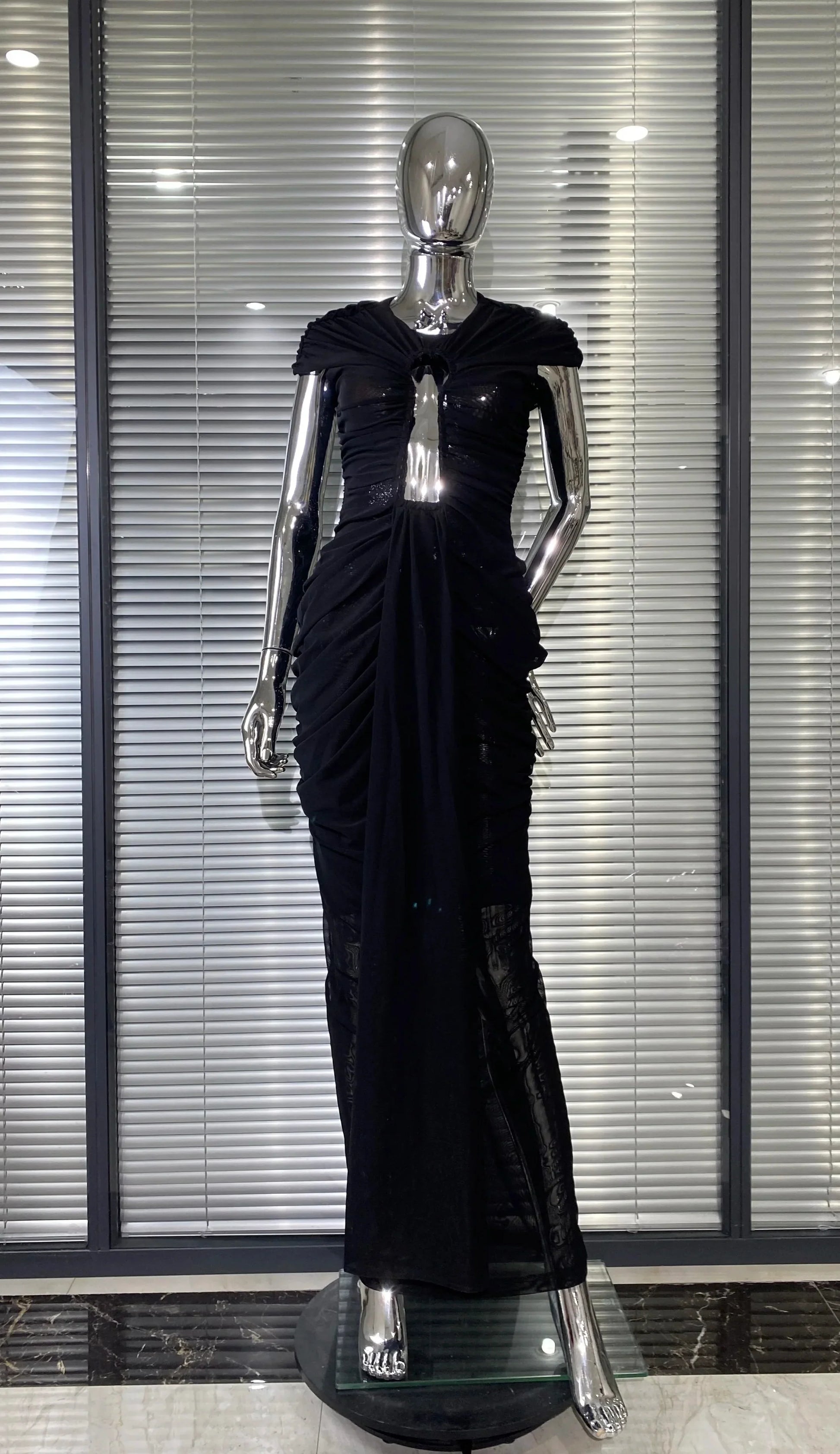 Sexy Hollow Out SeeThrough Mesh Ankle Leng Evening Dress Fashion Woman Birthday Party Vestido Celebrity Evening Party Outfit