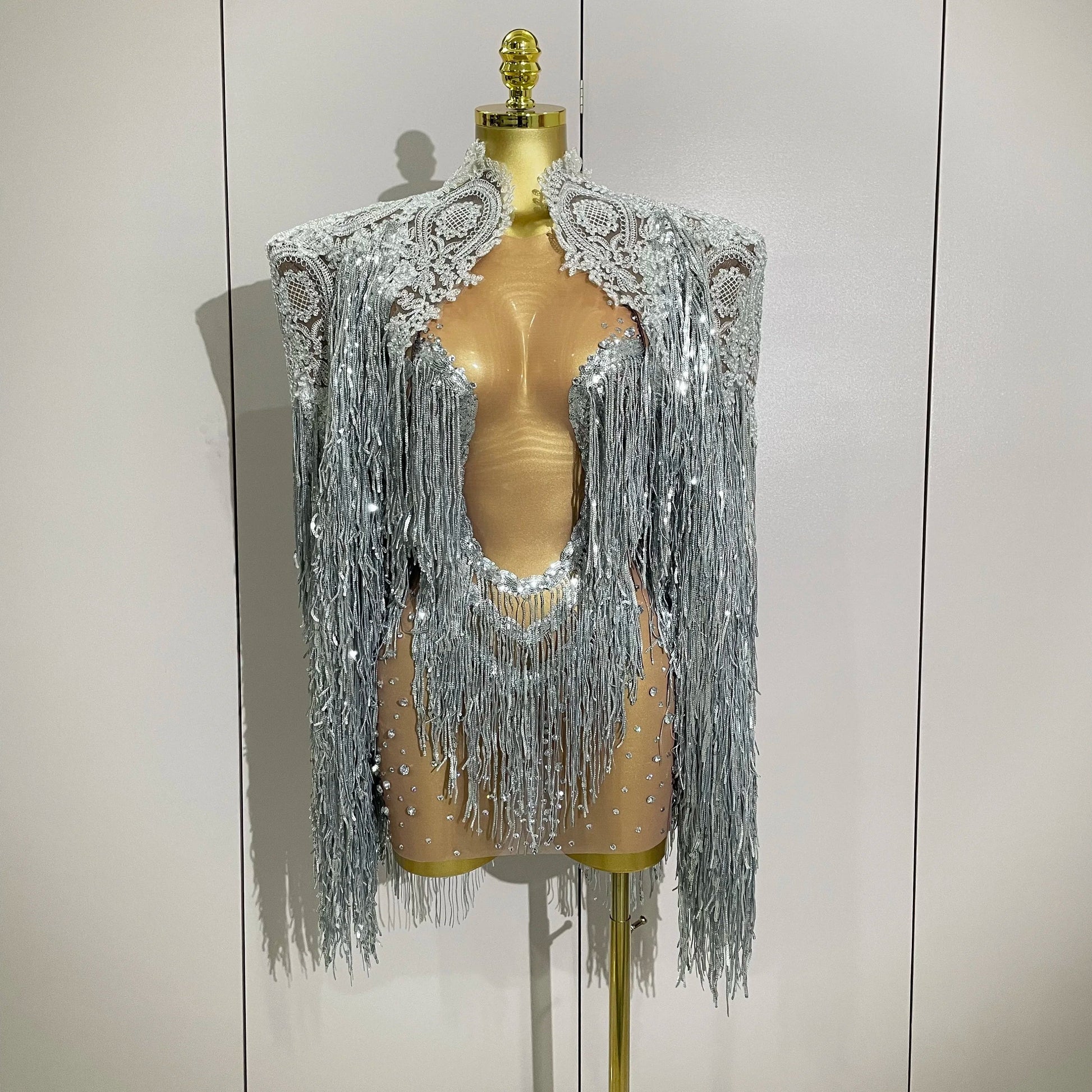 Luxury Sparkly Rhinestone Sequin Tassel Coat Skirt 2Pcs Women Birthday Party Nightclub Stage Performance Costume
