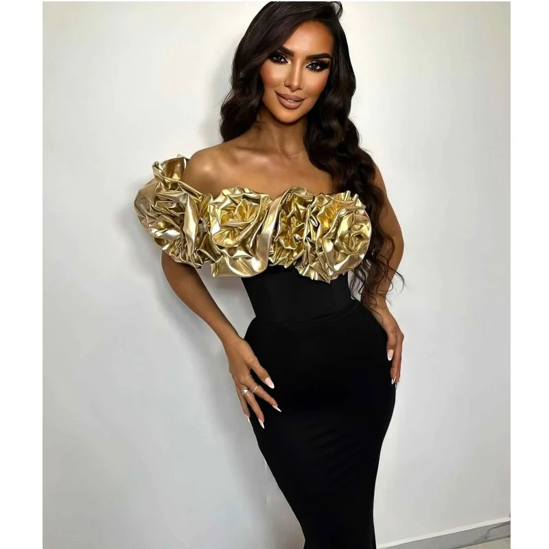Stereoscopic Gloden Flowers Sexy One Shoulder Ankle Lenght Bandage Dress Woman Birthday Party Vestido Celebrity Party Outfit