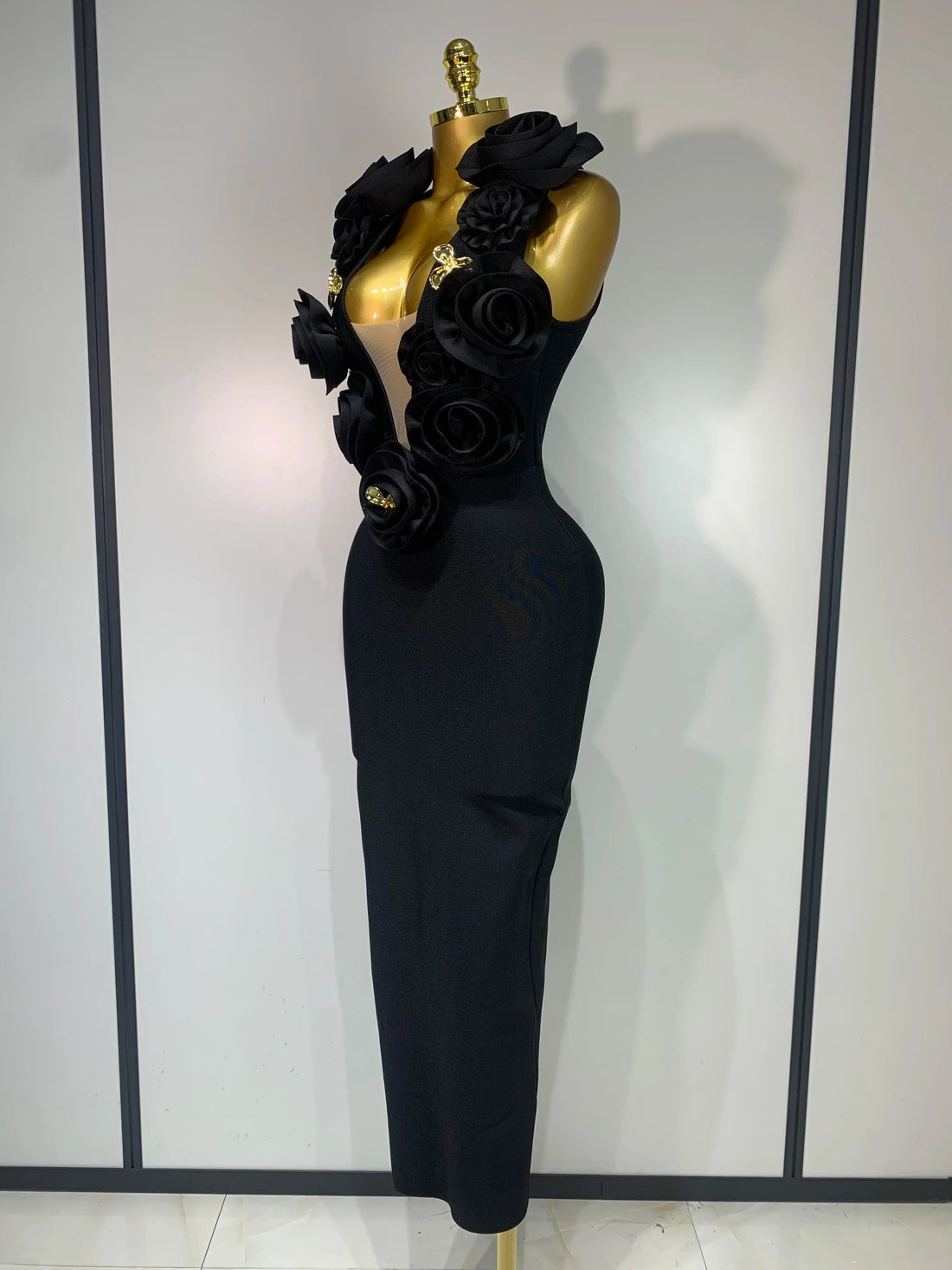 Fashion Black 3D Flower Bodycon Long Bandage Dress Celebrity Elegant Party Birthday Dress Women's Sleeveless Sexy Vestidos black