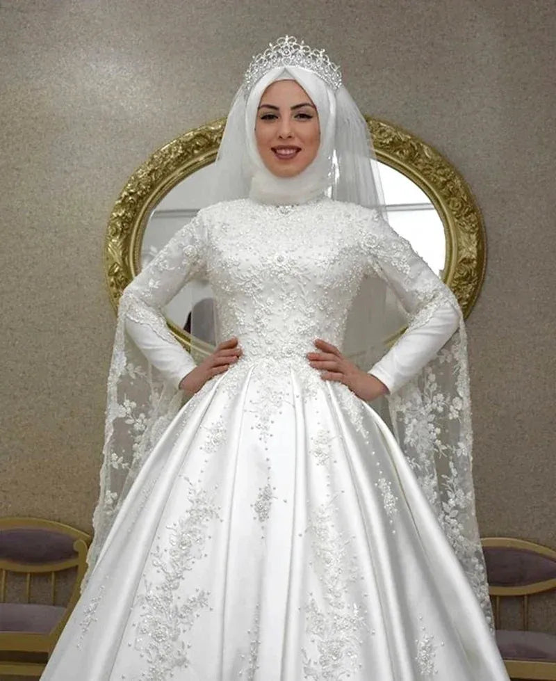 Muslim Wedding Dress | Modest Muslim Wedding Dresses For Women A Line High Neck Long Sleeves Arabic Islamic Bridal Gowns Lace Applique Vestido De Noiva Ivory 14w