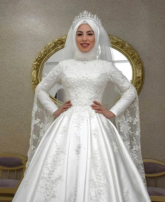 Gaun pengantin muslim sederhana untuk wanita garis leher tinggi lengan panjang lengan panjang gaun pengantin Islam arab lace applique vestido de noiva