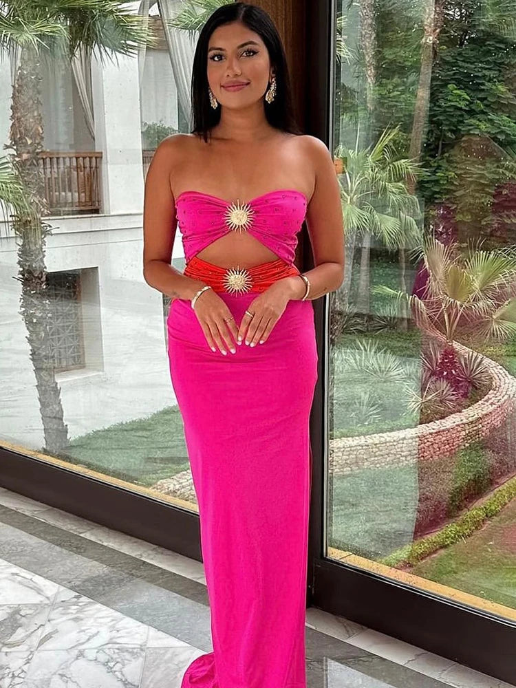 Black Pink Sexy Strapless Hollow Out Diamond High Slit Shinning