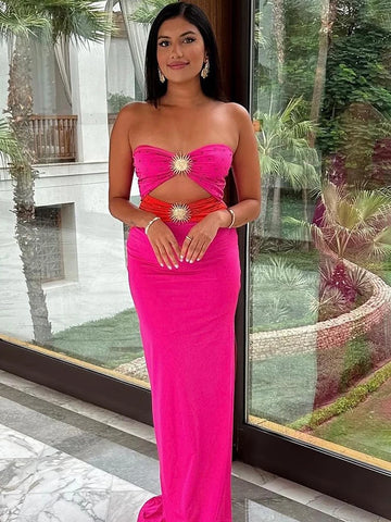 Black & Pink Sexy Strapless Hollow Out Diamond High Slit Shinning Rhinestones Bandage Long Dress Bodycon Celebrity Dress