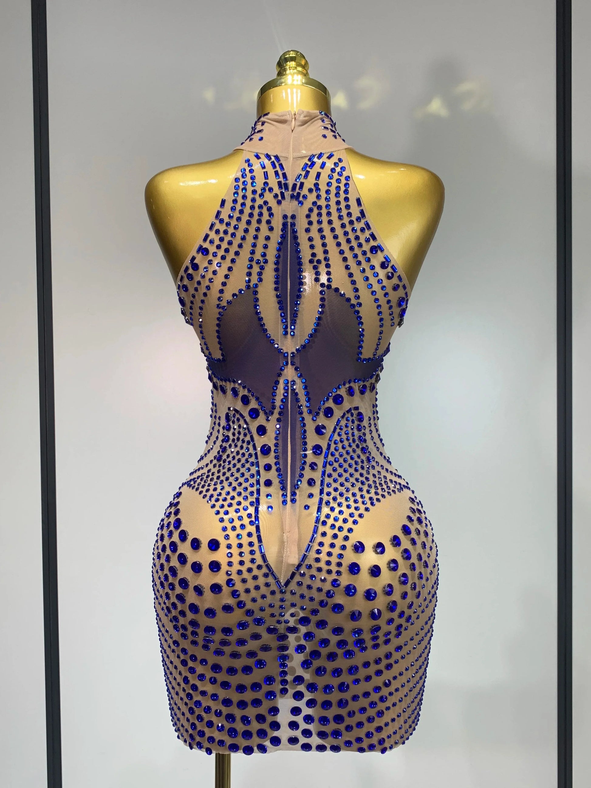 Luxury Birthday Dress Women Rhinestones Sexy Transparent Mesh Mini Dress Evening Party Nightclub Stage Performance Costume