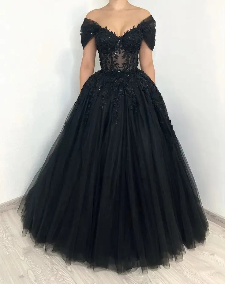 Black Evening Dress Beaded Lace Applique Off Shoulder V Neck Tulle Ball Gown Long Sweep Train Prom Gowns Elegant Woman Black