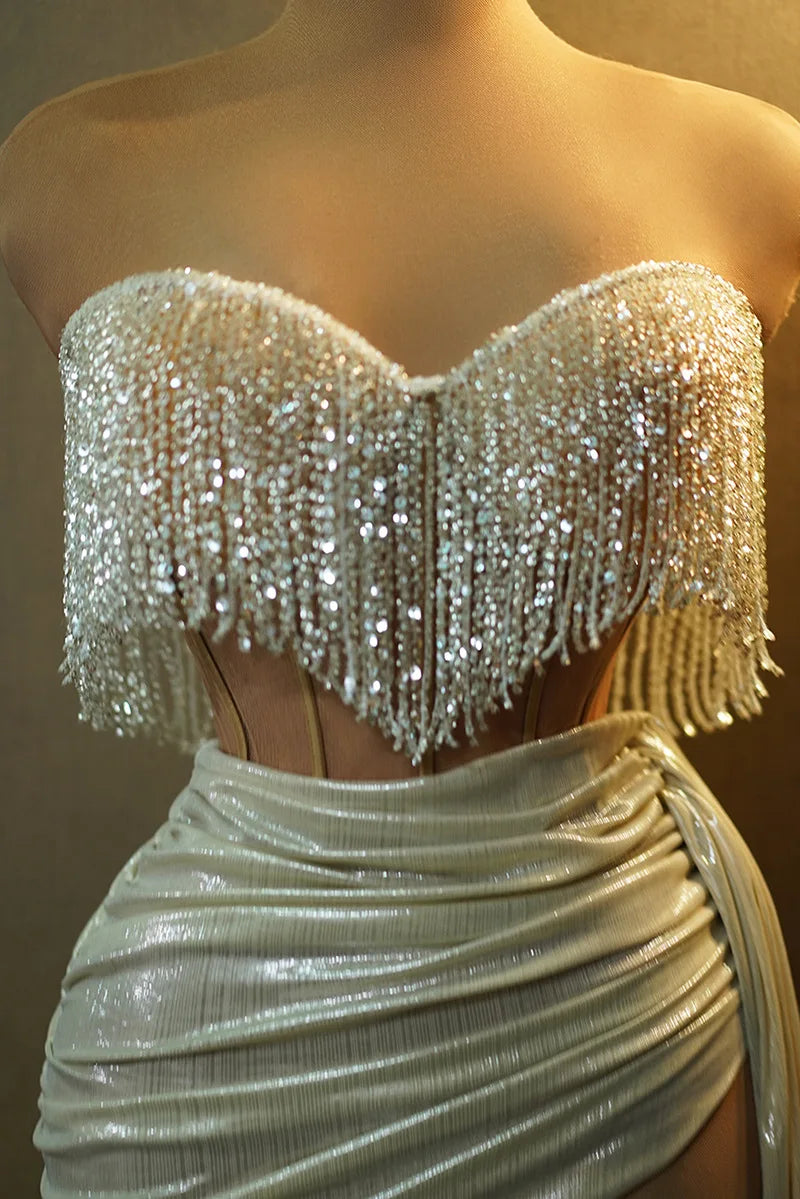 Summer Beading Tassel Sexy See Through STrapless Top And Mini Skirt 2 Pieces Woman Set Party Vestido Performances Costume