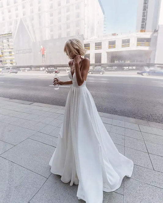 Robe De Mariée Simple et charmante, col en v, avec dos croisé, Robe De Mariée