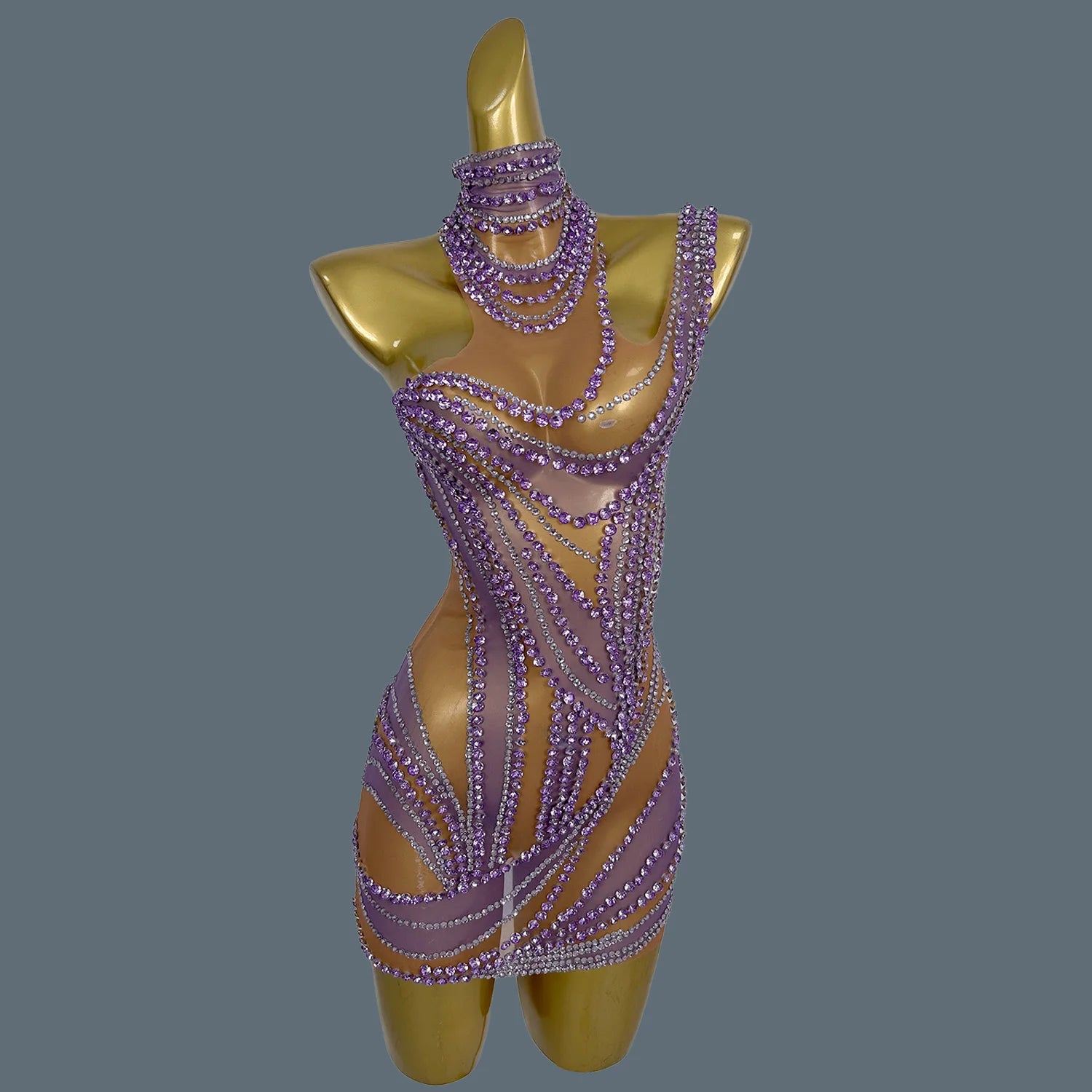 Hot Girl Sparkly Rhinestone Mini Dress Sexy Mesh See Through Party Event Prom Celebrate Birthday Dress Singer Show Wear Liuzhuan Light Purple One Size