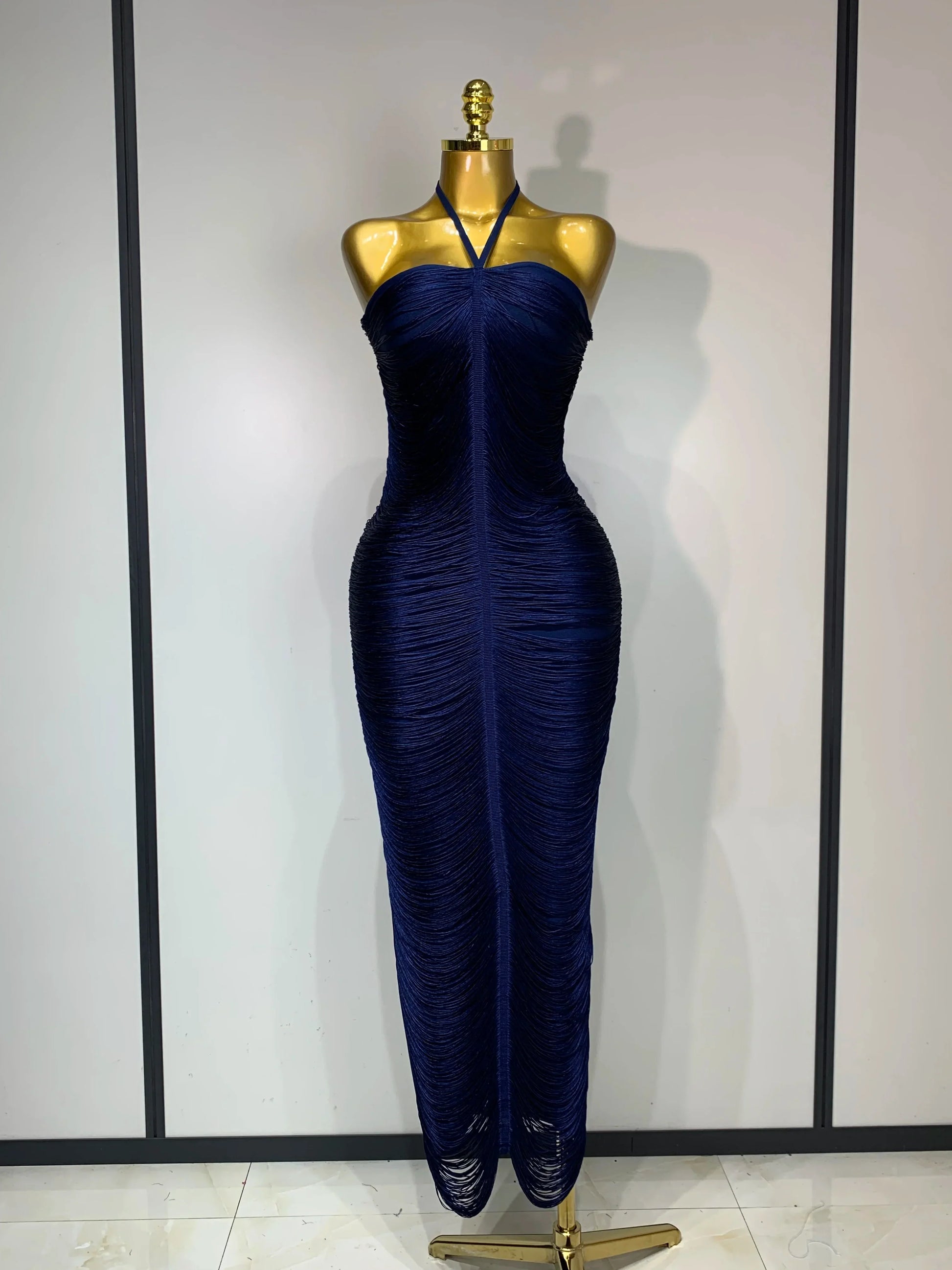 Women's Fashion Tassel Split Hanging Neck Bodycon Dress Elegant Celebrity Evening Party Luxuru Birthday Wedding Guest Dress Blue