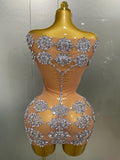 Luxury Sparkly Rhinestone Mesh Mini Dress Women Sexy Nightclub Party Dance Performance Costume Singer Dancer Show Stage Wear