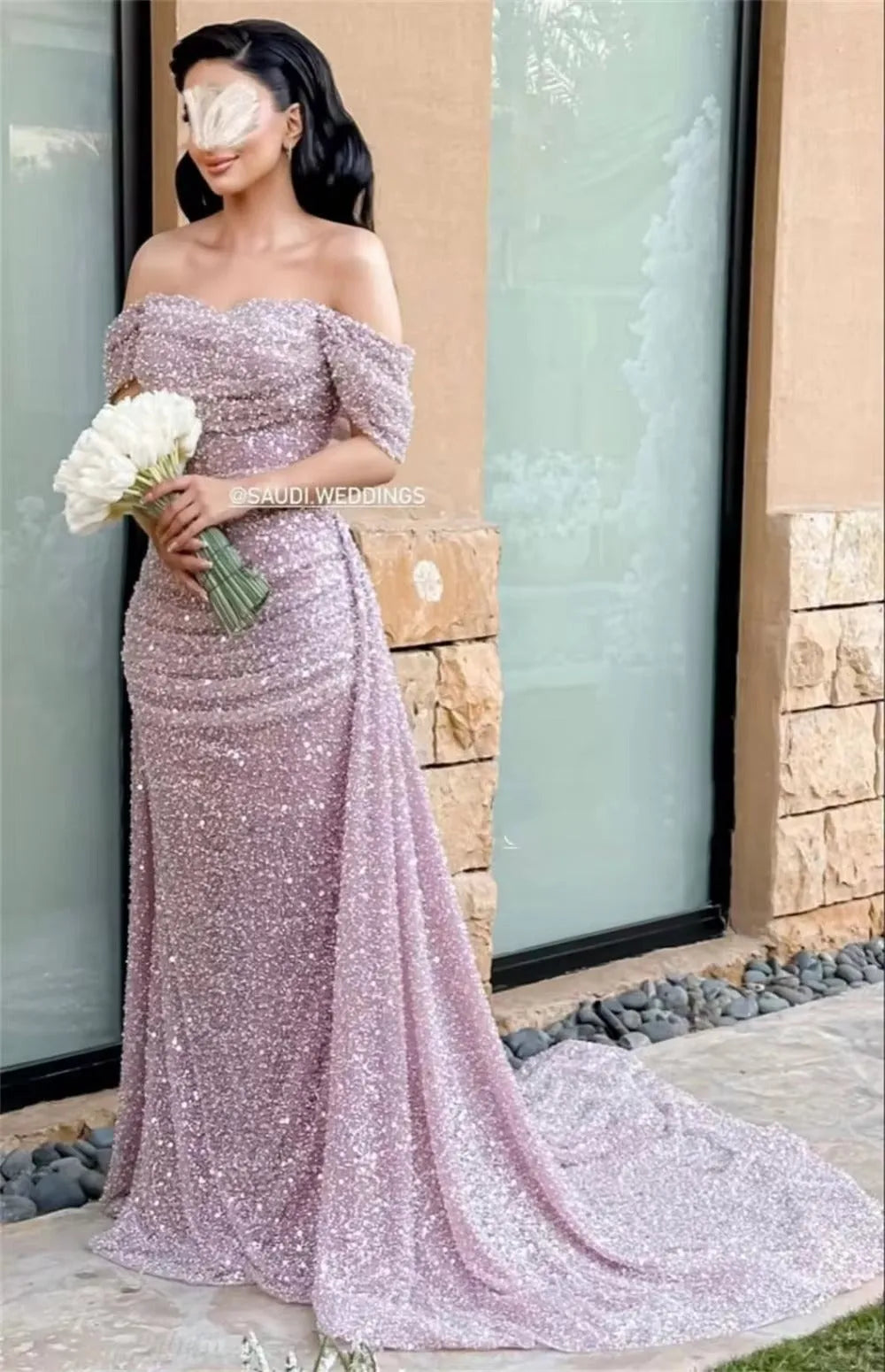 Luxury Purple Glitter Sequins Mermaid Wedding Dress Elegant Sleeveless فستان حفلات الزفاف Off Shoulder Prom Dress as pic