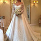 Vintage V-neck Top Lace Satin Sweep Train A-line Long Sleeve Wedding Dress vestido de noiva 2021