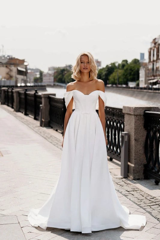 Off-Shoulder-Falten V-Ausschnitt Crepe A-Line Hochzeitskleid für Frauen Reißverschluss Rückenboden Bodlänge Brautkleid Custom MSDE