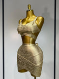 Summer Sexy V Neck Gold Bandage Two Pieces Set Women Charming Celebrity Bodycon Skirt Suits Club Birthday Vestido