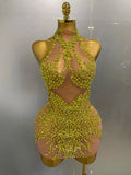 Luxury Sparkle Rhinestones Mesh Transparent Prom Dress Women Sexy Birthday Celebrate Party Club Prom Outfit Bar Costume Gold