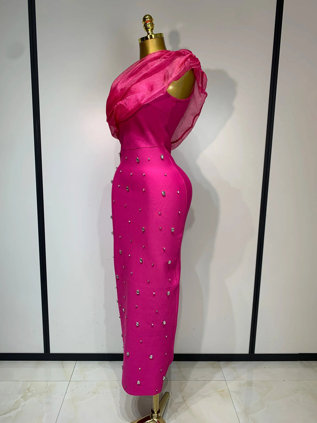 Women Sexy One Shoulder Shinning Crystal Bodycon Bandage Long Dress Celebrate Birthday Elegant Evening Party Club Outfit Rose Red