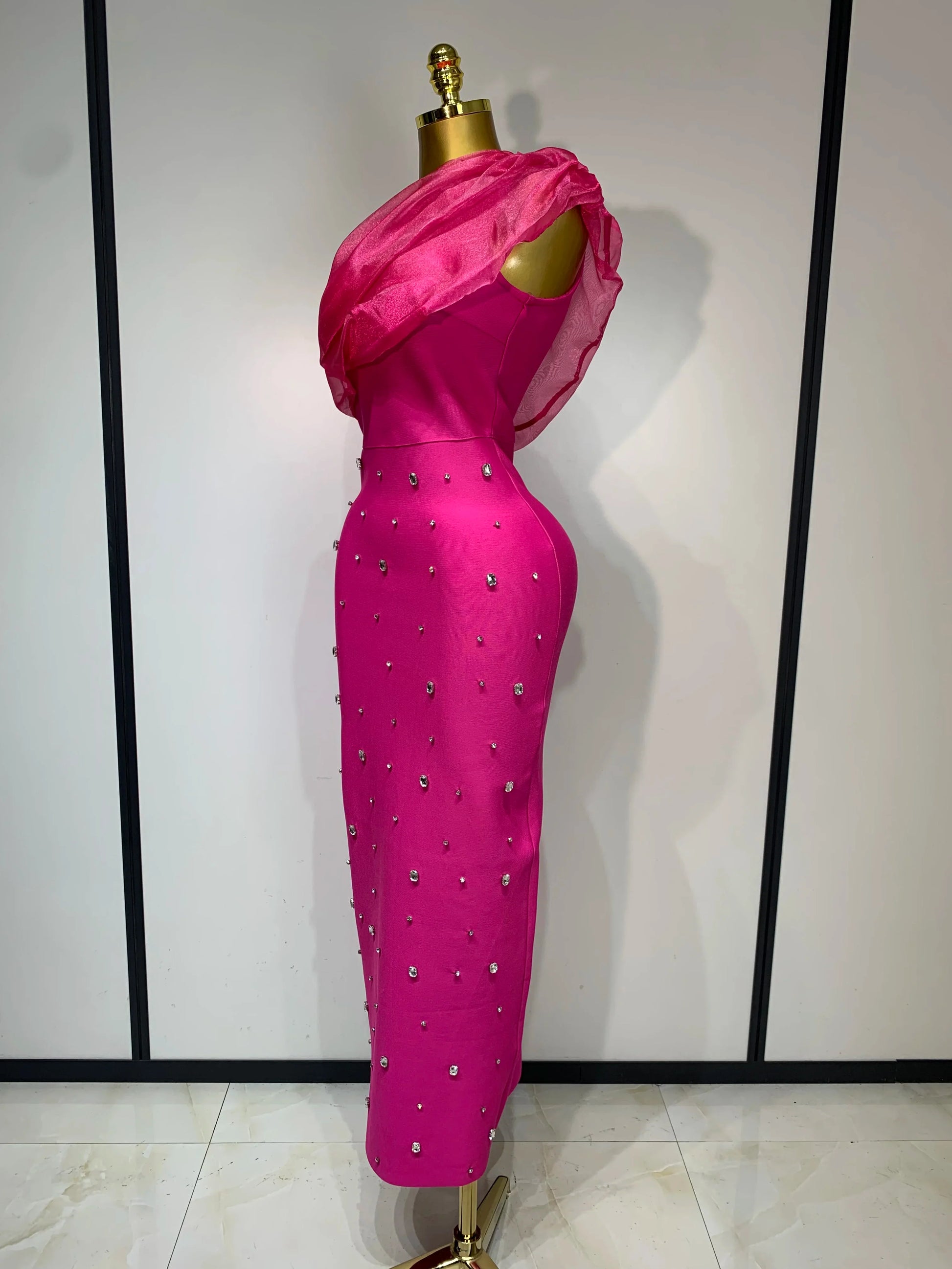 Women Sexy One Shoulder Shinning Crystal Bodycon Bandage Long Dress Celebrate Birthday Elegant Evening Party Club Outfit