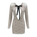 Pearl Sequins Hollow Out Short Dress For Women Sexy Long Sleeve Key Hole Bow Tie Diamond Beige Mini Evening P Diamond Beige Mini Earty Dress GRAY
