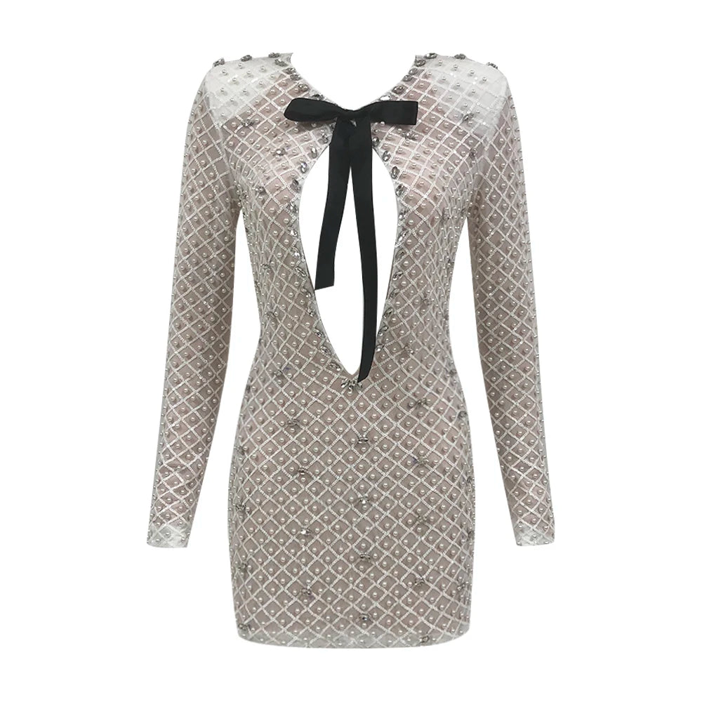 Pearl Sequins Hollow Out Short Dress For Women Sexy Long Sleeve Key Hole Bow Tie Diamond Beige Mini Evening P Diamond Beige Mini Earty Dress GRAY