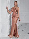 Formal Women's Evening Prom Elegant Party wedding guest Celebrity Female Satin Maxi Club Wear Cocktail Dresses Lotus root color