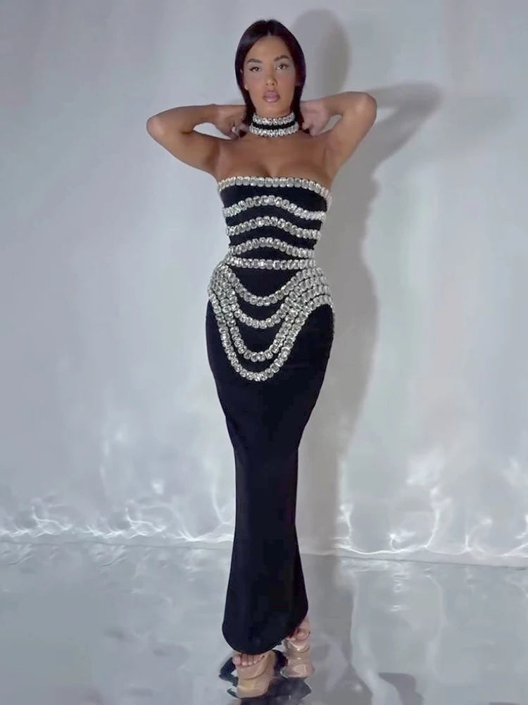 Black Strapless Long Dress Diamonds Embellished Bodycon Bandage Prom Celebrity Party Evening Gowns Dropshipping